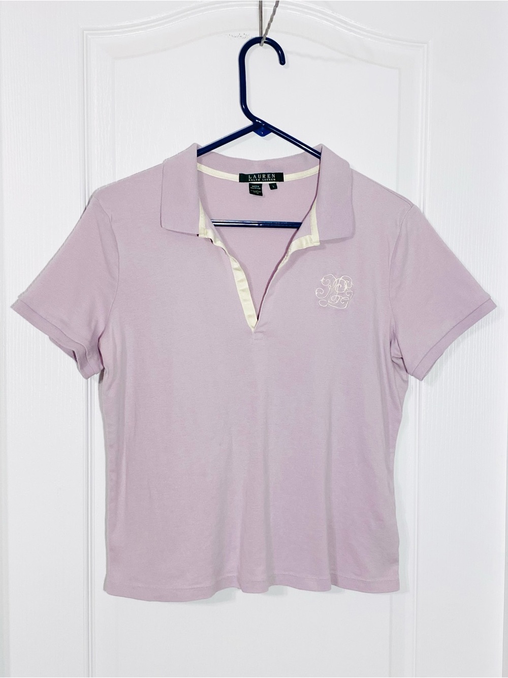 Vintage Lauren Ralph Lauren Monogram Polo Shirt Lavender Ivory Satin Trim Large